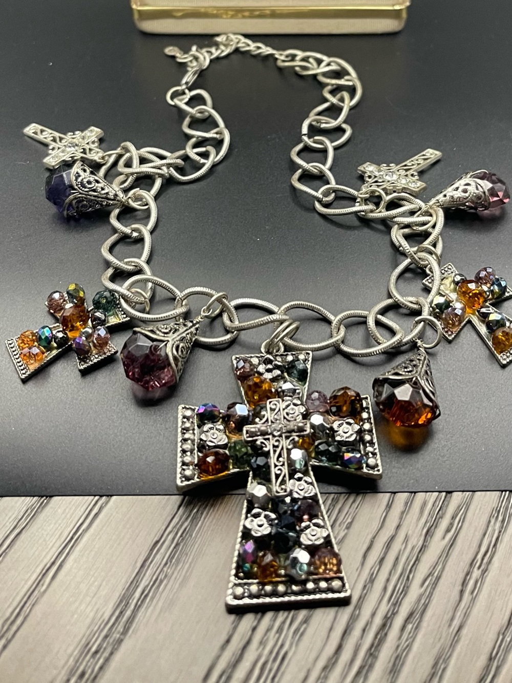 Vintage Premier Designs Style Cross Ststement Necklace Silver multi-crystal bead - Picture 6 of 12